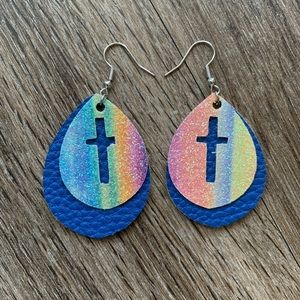 Rainbow Leather Cross Earrings
